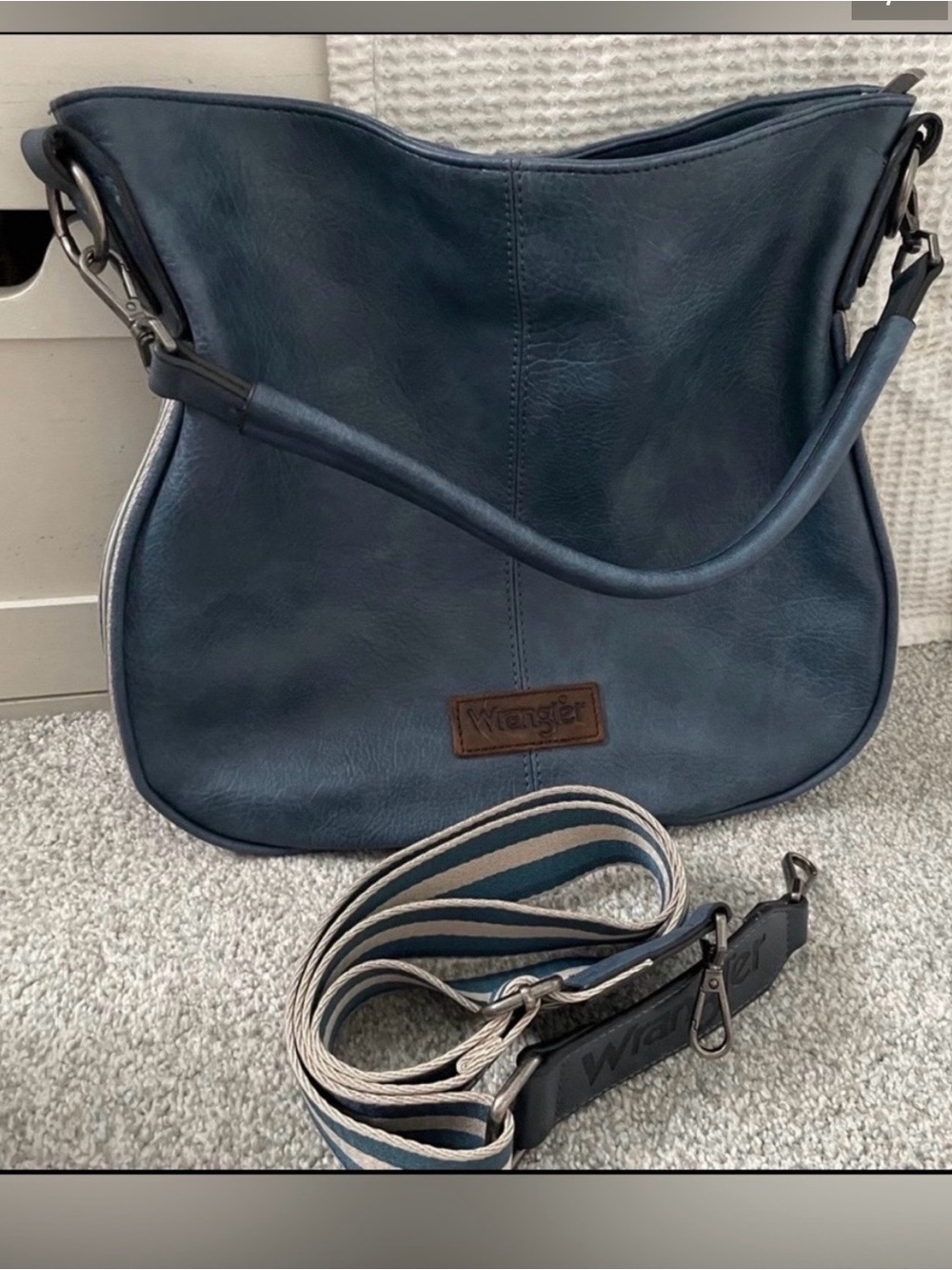 NWT Wrangler Teal Blue Leather Shoulder Bag with Striped Strap